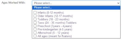 Drop-down menu to select age groups TECPDS user worked with on a specific job
