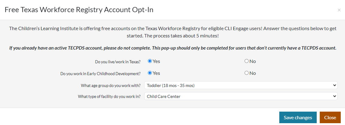 Pop-up box opt-in message inviting new CLI Engage users to create a TECPDS account.