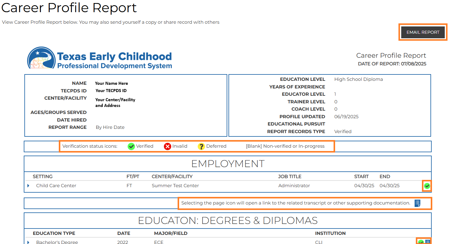 This is a screenshot of the career report highlighting the different features of the new report including the new icons available and the option to email yourself the report. 