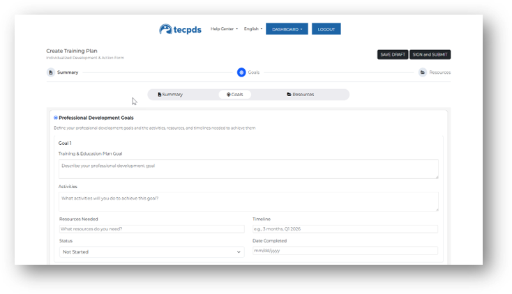 Screenshot of the TECPDS Create Training Plan page showing the Professional Development Goals section with form fields for goal details, activities, resources needed, timeline, and status