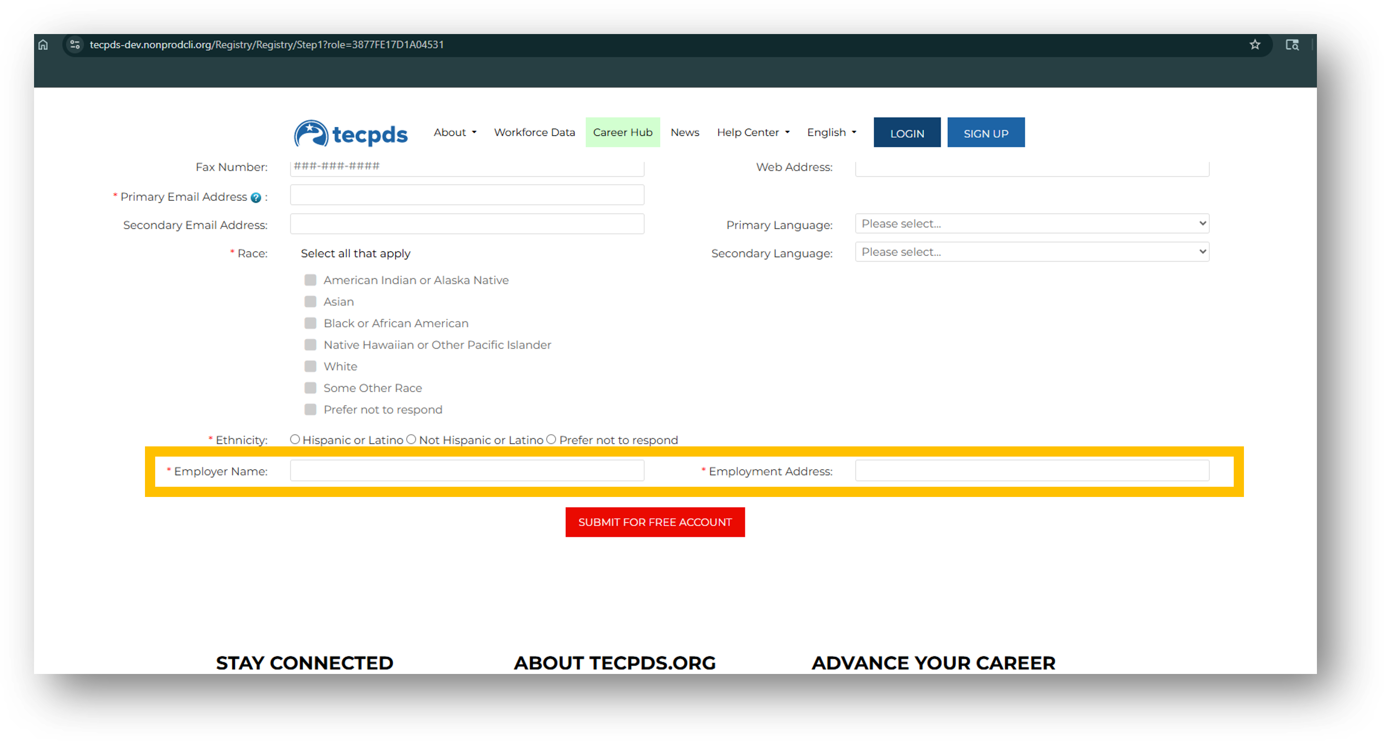 “Screenshot of the TECPDS registration page showing required fields for personal information, race and ethnicity selections, and employer name and employer address fields. A yellow box highlights the employer fields for emphasis.”